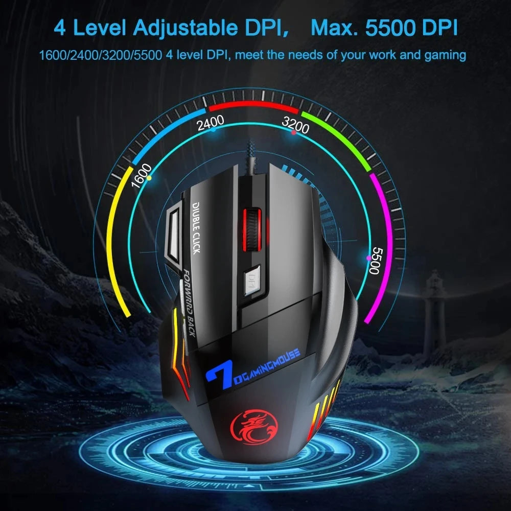 Ratón gaming con cable para ordenador, retroiluminación RGB, diseño ergonómico silencioso, LED, 7 botones y USB para PC de escritorio