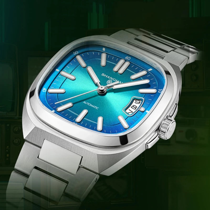 Shanghai Watch automatikus mechanikus, négyzet alakú számlapos férfi karóra, világító, 50 m-ig vízálló, dátumkijelzős, alkalmi karóra SH018