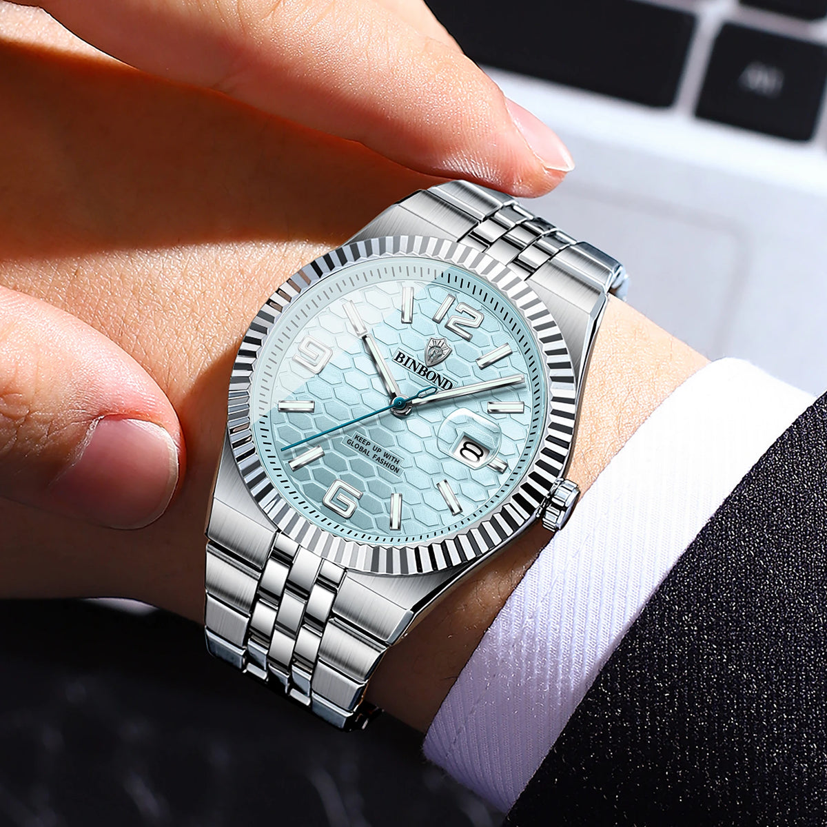 Reloj de pulsera de cuarzo de lujo BINBOND, luminiscente, resistente al agua, con fecha automática, para hombre, de acero, estilo ejecutivo, deportivo, moderno y desenfadado.