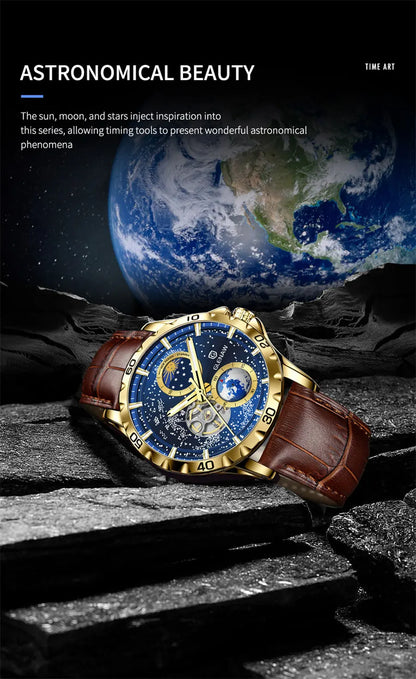 GLENAW Rotating Earth Double Second Hand WristWatch Men Automatic Mechanical Watch Starry Sky Stainless Steel Leather Watchband