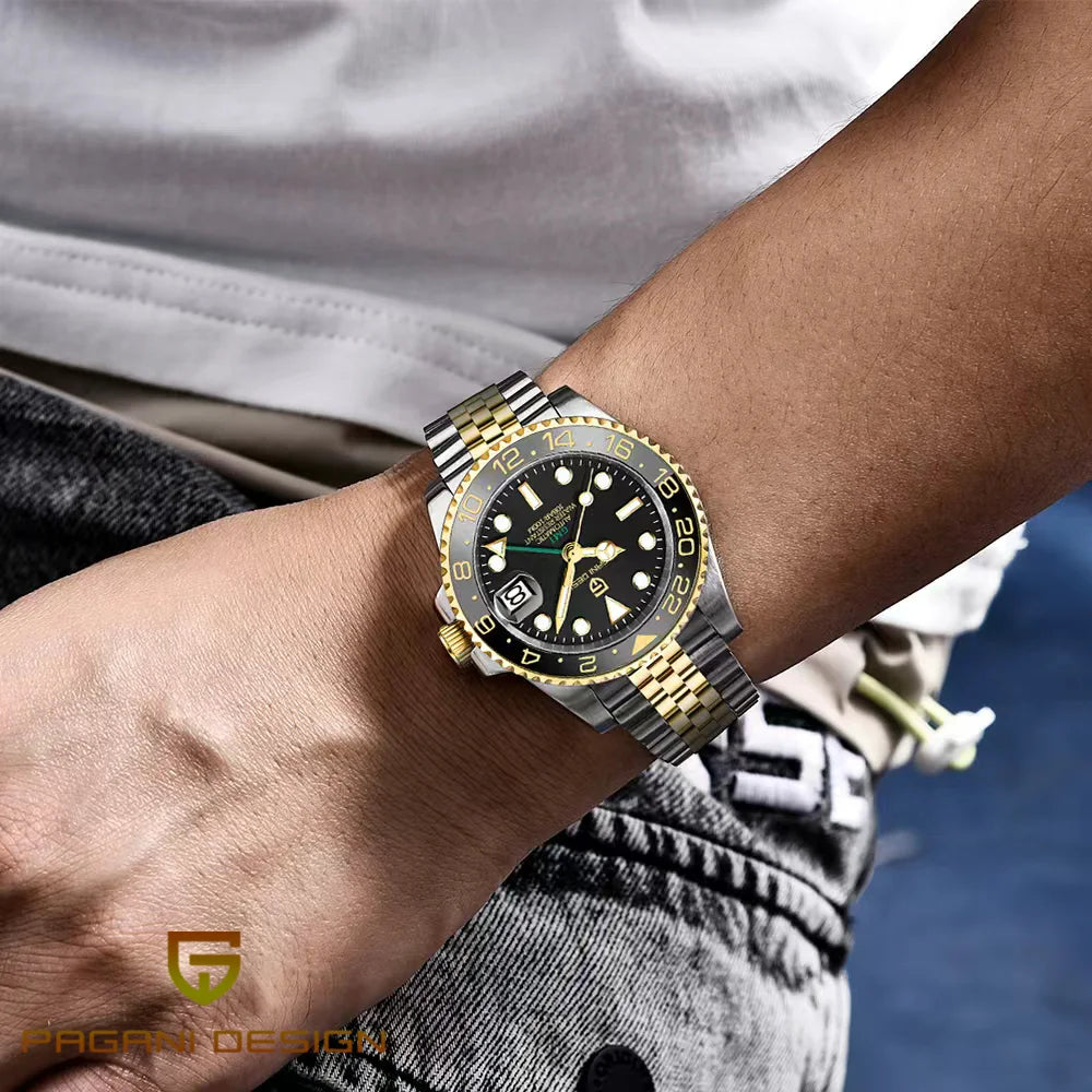 Pagani Design GMT Mechanical Men’s Watch – Luxury model with sapphire crystal, stainless steel case and ceramic bezel – Automatic men’s watch, business style