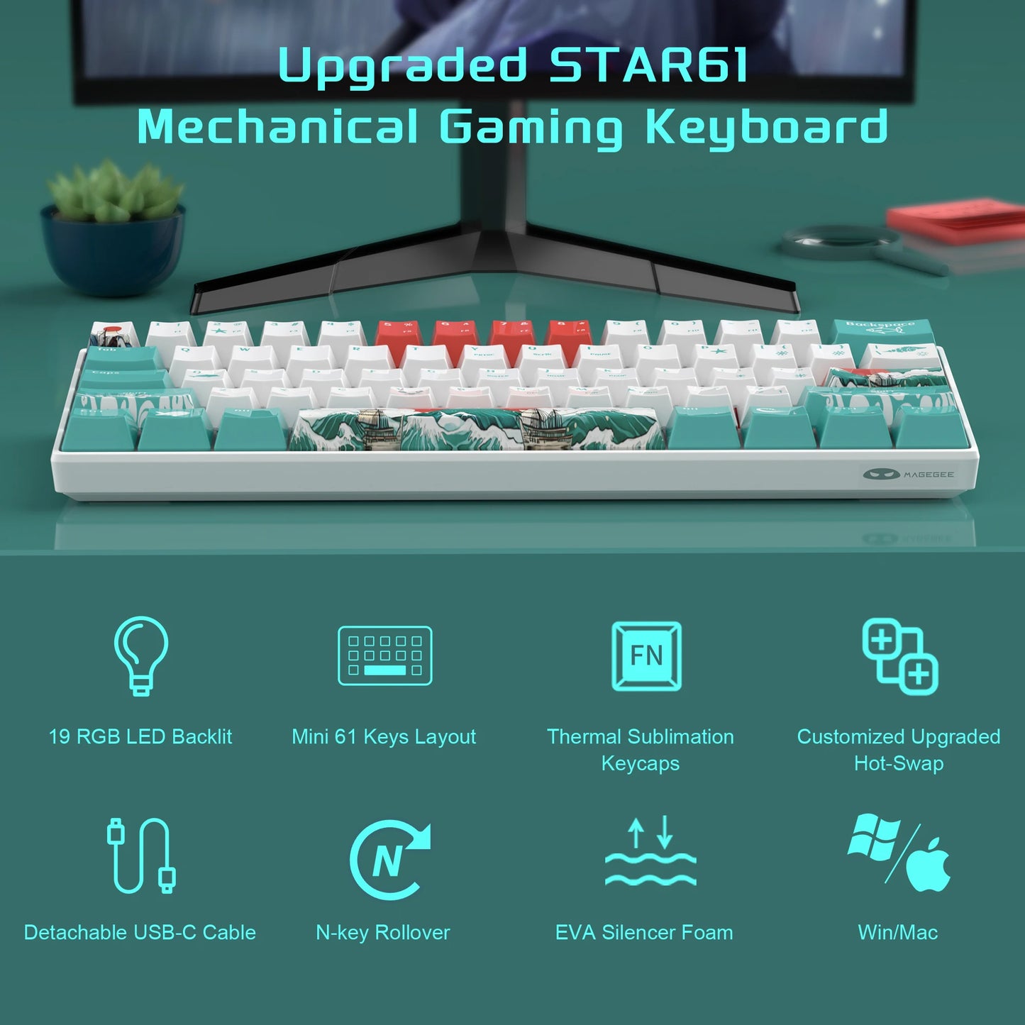 MageGee 60% mechanische Gaming-Tastatur, RGB, vollständig Hot-Swap-fähige Custom-Switches, 61 Tasten, Mini-Bürotastatur für Win/Mac-Laptop