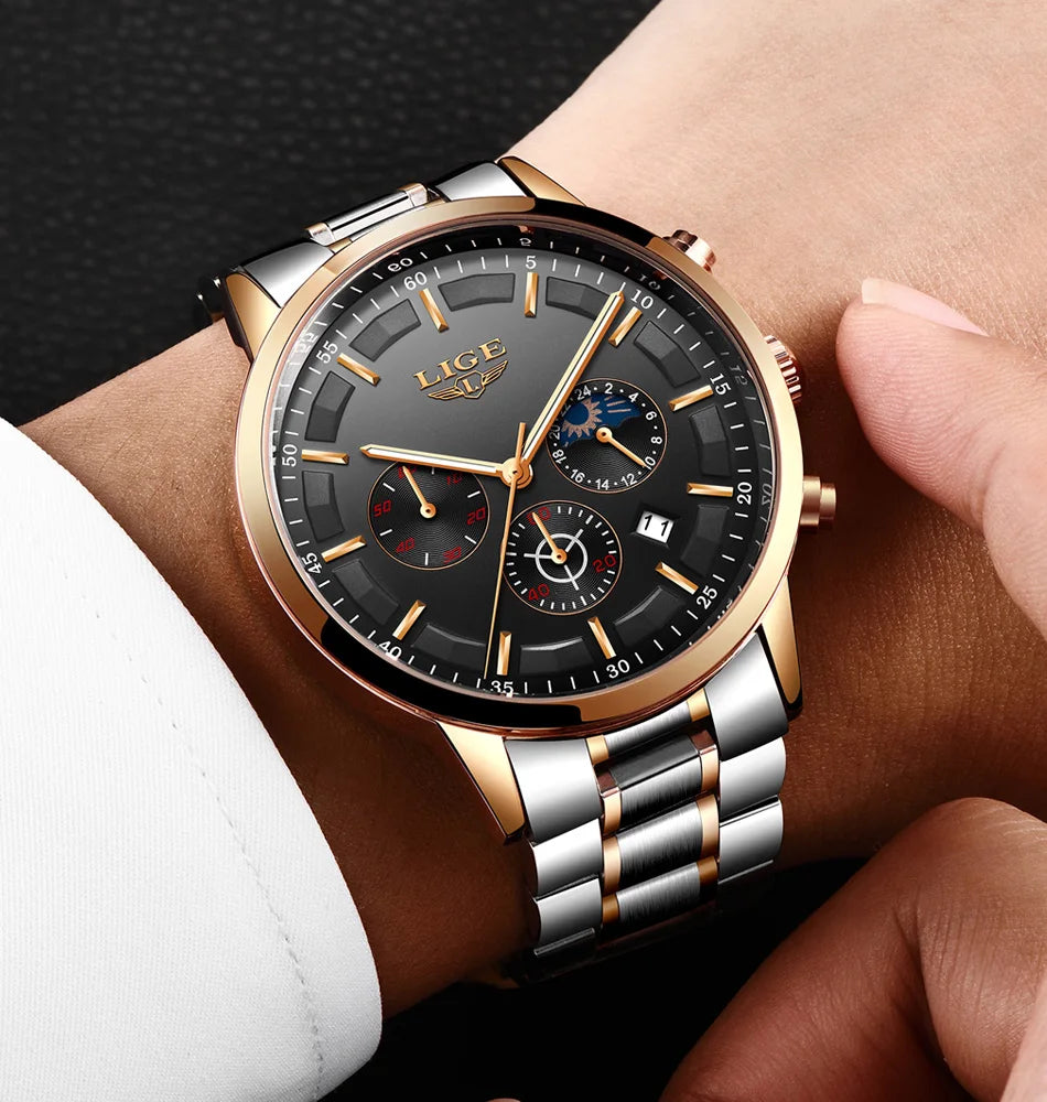 LIGE Men’s Watch – Luxury quartz chronograph, water-resistant (3 bar), with luminescent hands – Gift idea (box included)