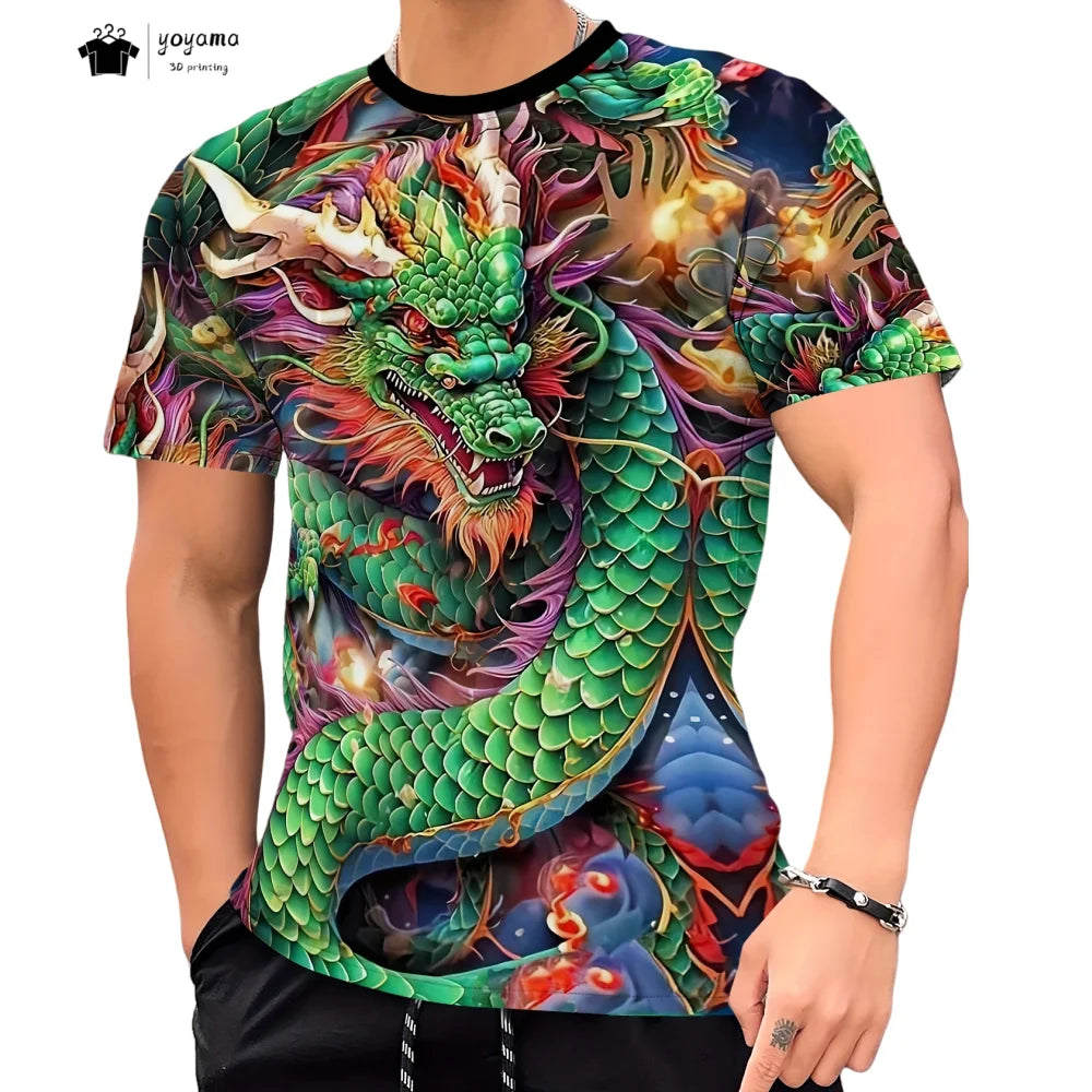 Herren-T-Shirt mit Drachenmuster, kurzärmeliges Fashion-Streetwear-Shirt, Rundhals-Top mit trendigem 3D-Tierprint, locker und vielseitig, Herrenbekleidung