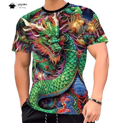 Herren-T-Shirt mit Drachenmuster, kurzärmeliges Fashion-Streetwear-Shirt, Rundhals-Top mit trendigem 3D-Tierprint, locker und vielseitig, Herrenbekleidung