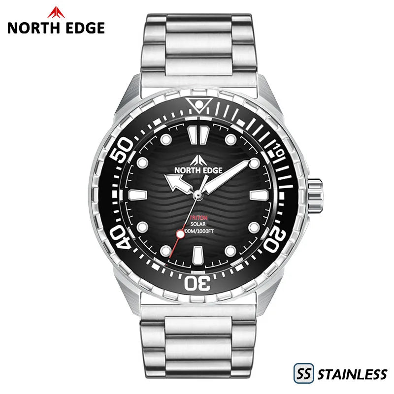 Montre de Plongée Solaire en Titane et Acier Inoxydable Montres à Quartz de Luxe pour Hommes Étanche 300M Autonomie 180+ Jours