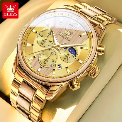 OLEVS 3645 men’s wooden watch, luxury, with night-light, multifunctional chronograph, quartz, retro style, trendy sports watch.