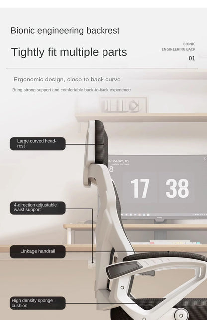 Ergonomisk lænesæde, komfortabel kontorstol, computerstol til hjemmet, studiekollegie, gamingstol med fodstøtte