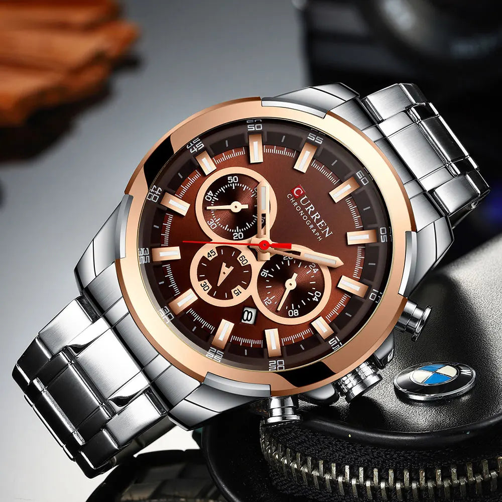 CURREN men’s chronograph watch, large 48 mm dial, stainless steel bracelet, three sub-dials, quartz sports wristwatch, luxurious style