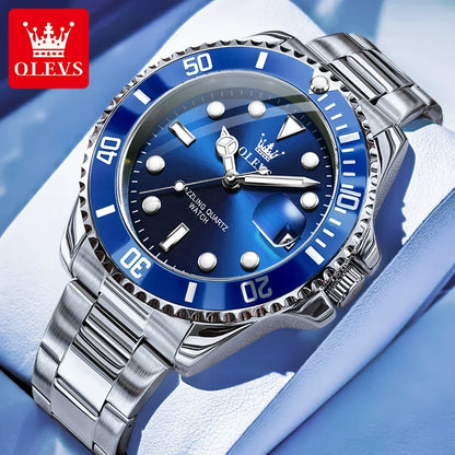 Montre pour homme OLEVS 5885 – Modèle authentique, bracelet en acier, calendrier, mouvement à quartz, livrée dans un coffret cadeau de luxe