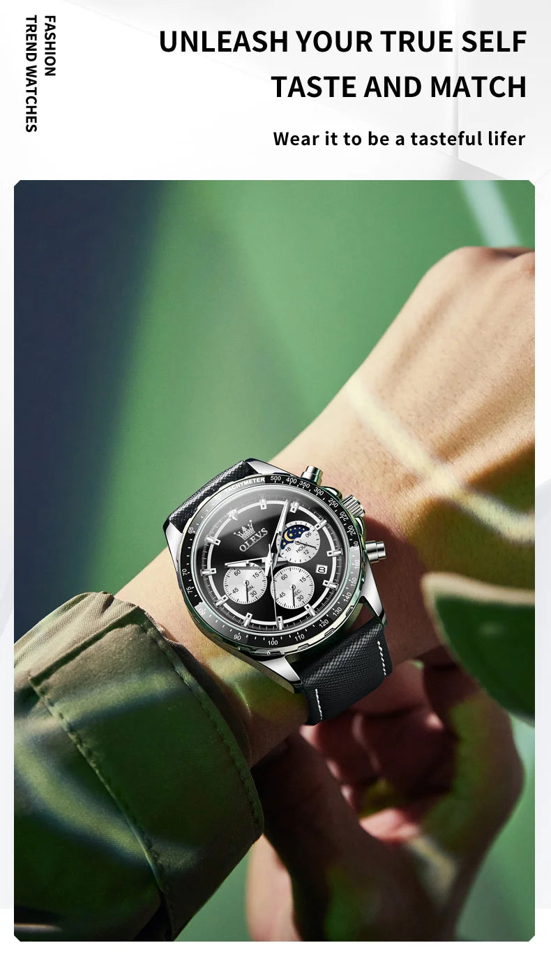 OLEVS Men's Watches Fashion Sports Green Watch For Men Multifunctional Quartz Wristwatches Men Waterproof Leather reloj hombre