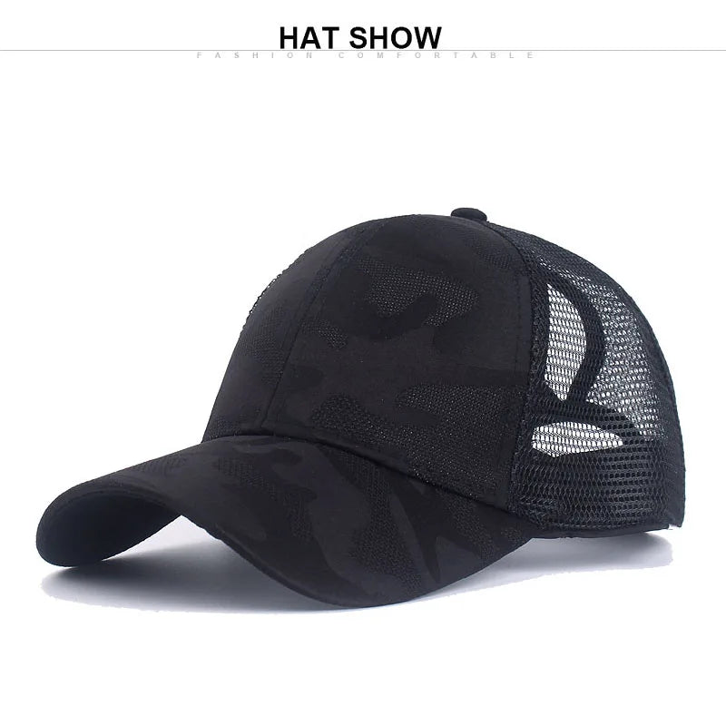 Women's Camouflage Ponytail Baseball Cap  Breathable Mesh Back  Adjustable Snapback  High Ponytail Outdoor Sports Trucker Hat
