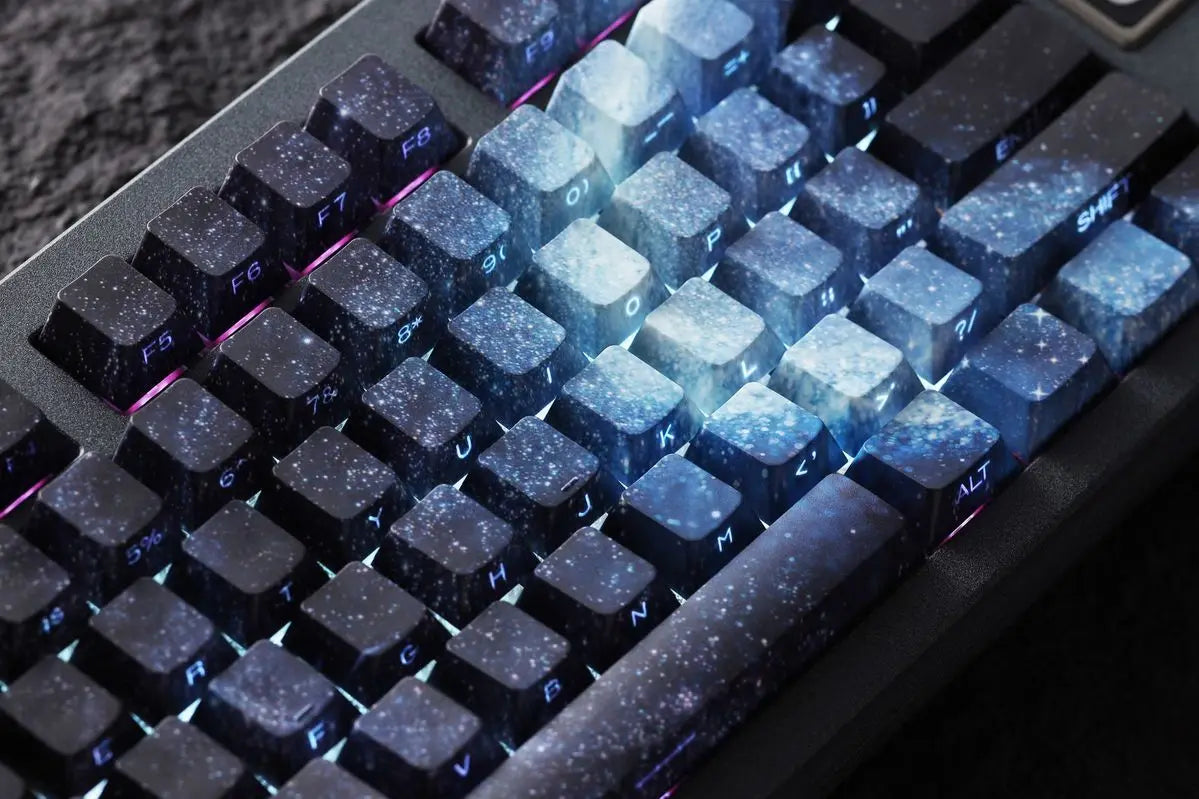 Teclas PBT transparentes con degradado galaxia morado y grabado lateral, 135 teclas, compatibles con teclado mecánico de 60/64/84/98/108 teclas