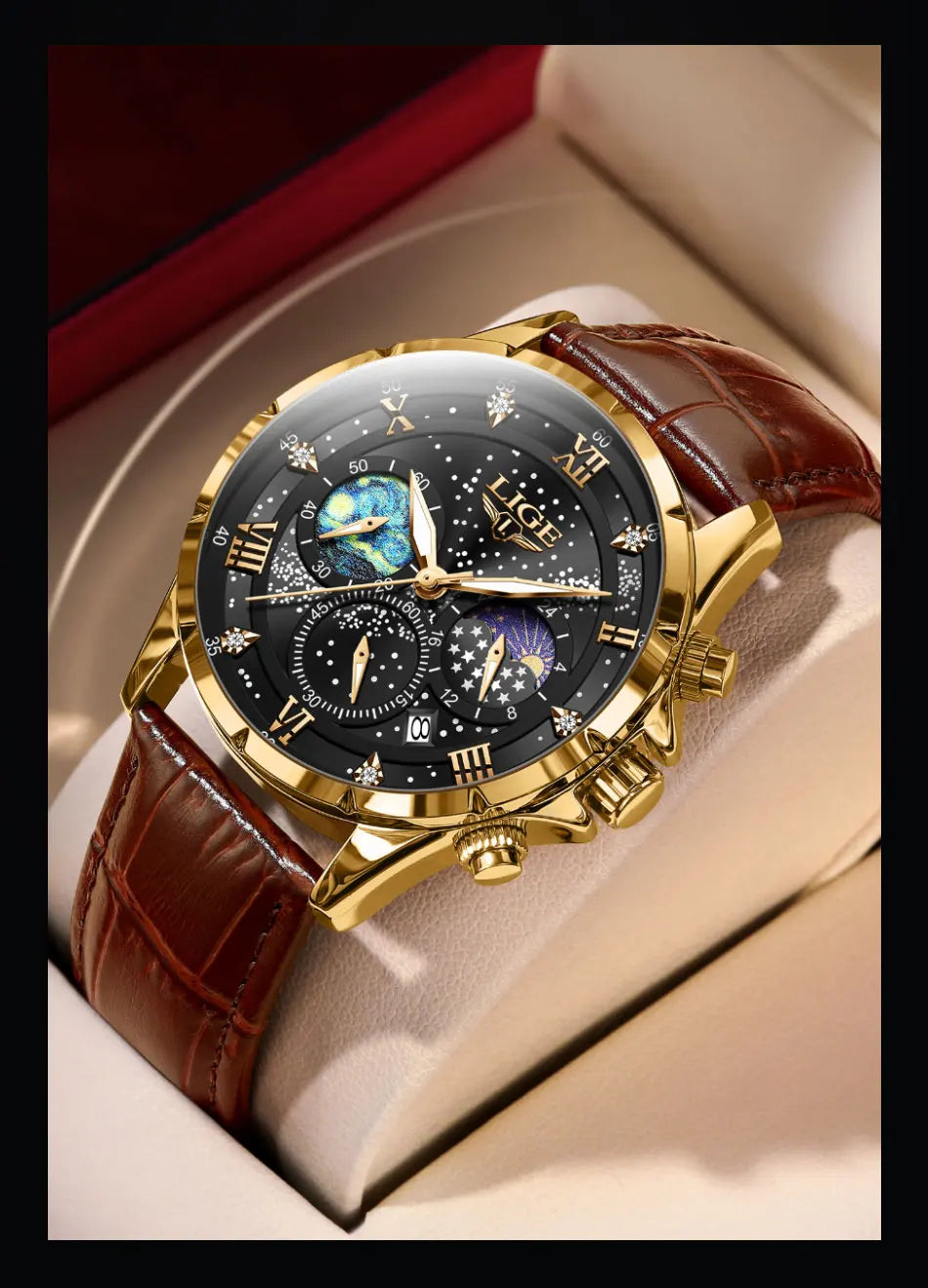Montre pour homme LIGE – Montre à quartz de luxe, style décontracté, bracelet en cuir, idéale pour le travail ou le sport, étanche, avec date et chronographe.
