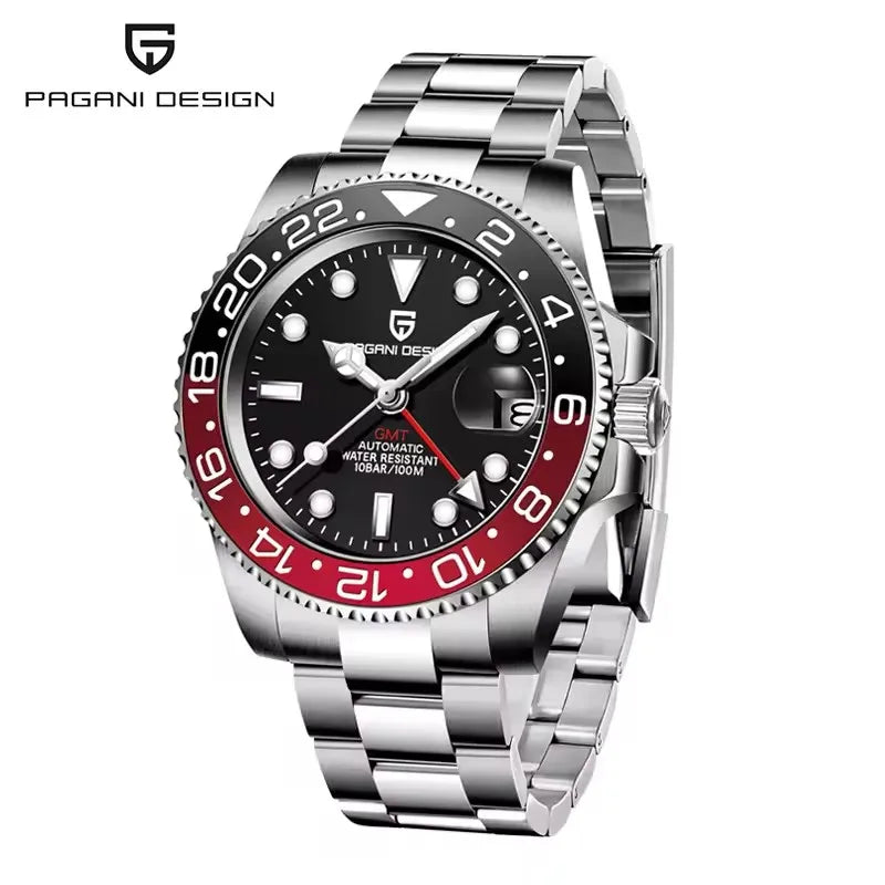 Montre mécanique pour homme PAGANI DESIGN (40 mm) – Cadran violet, fonction GMT, bracelet type Jubilee, verre saphir, étanche, mouvement automatique