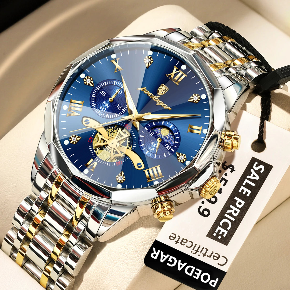 Montre homme de luxe POEDAGAR, chronographe lumineux étanche, en acier inoxydable, à quartz.