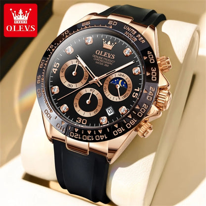 Montre à quartz pour homme OLEVS 2875 – Chronographe de marque de luxe, bracelet en silicone, date automatique, étanche, phase de lune, style sportif