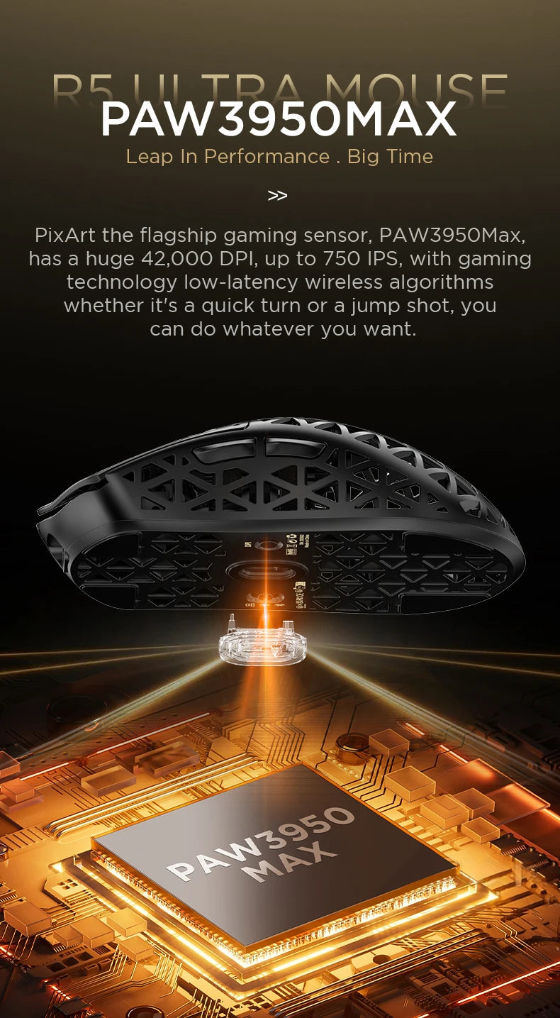 Ratón gaming inalámbrico ATTACK SHARK R5 ULTRA - sondeo 8K, sensor PAW3950MAX, 42,000 DPI, fibra de carbono ultraligera para esports profesionales
