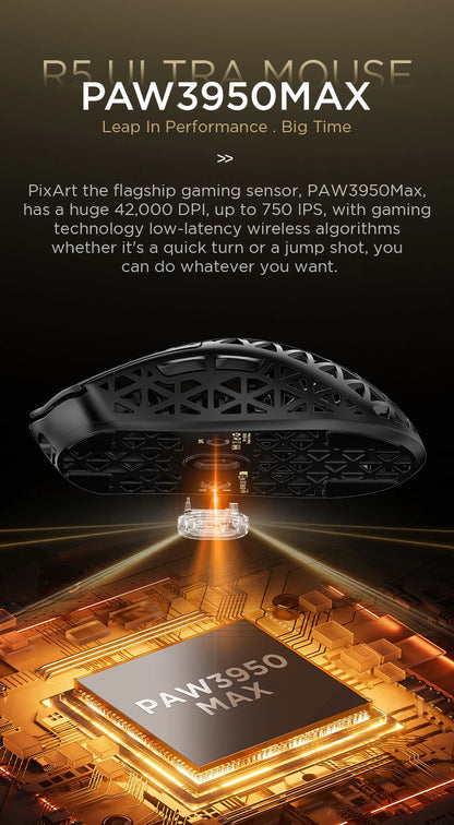 Ratón gaming inalámbrico ATTACK SHARK R5 ULTRA - sondeo 8K, sensor PAW3950MAX, 42,000 DPI, fibra de carbono ultraligera para esports profesionales