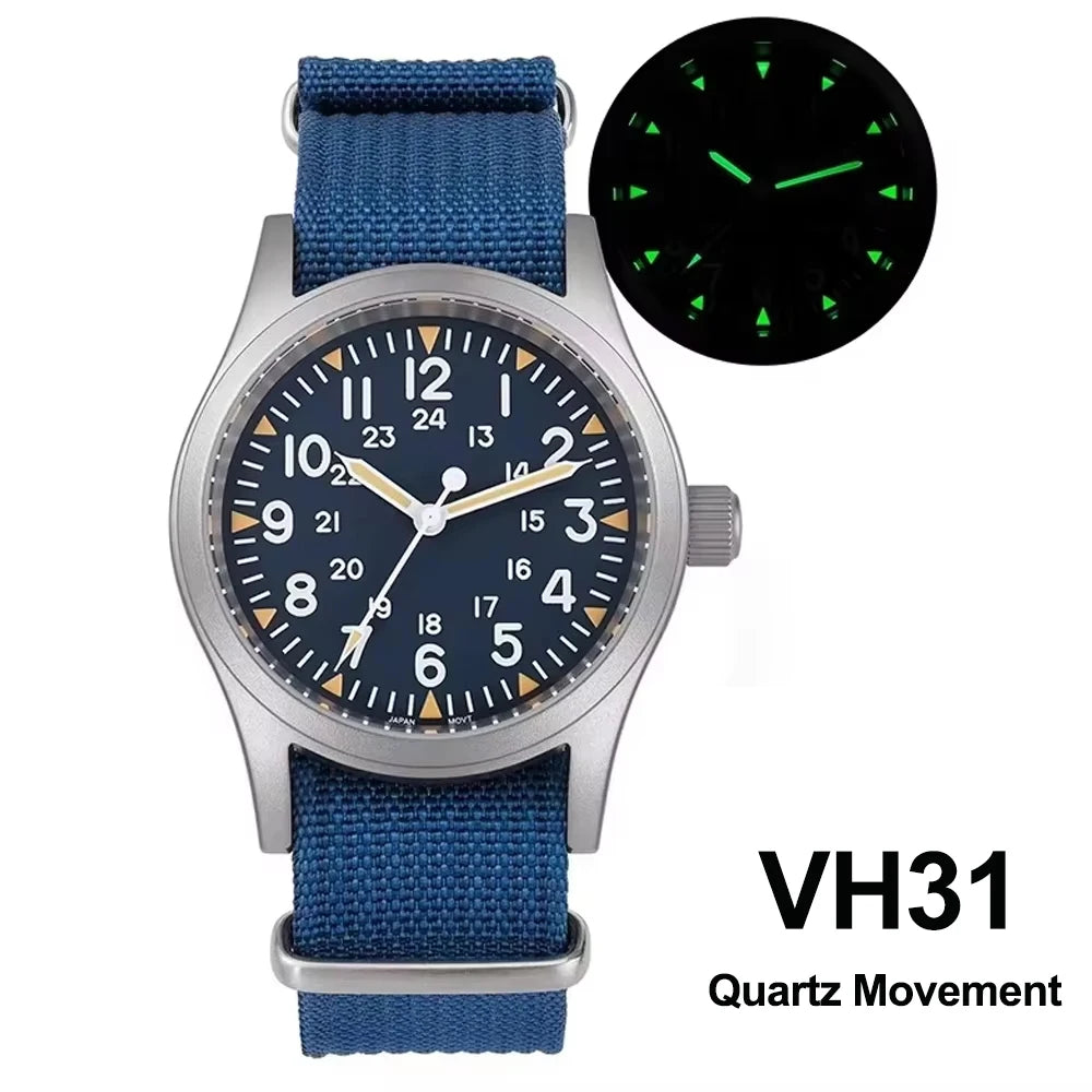 Militado ML05 38mm Military Field Watch VH31 Sweep Quartz Movement Domed Sapphire Crystal Waterproof 100M Super Luminous Watches