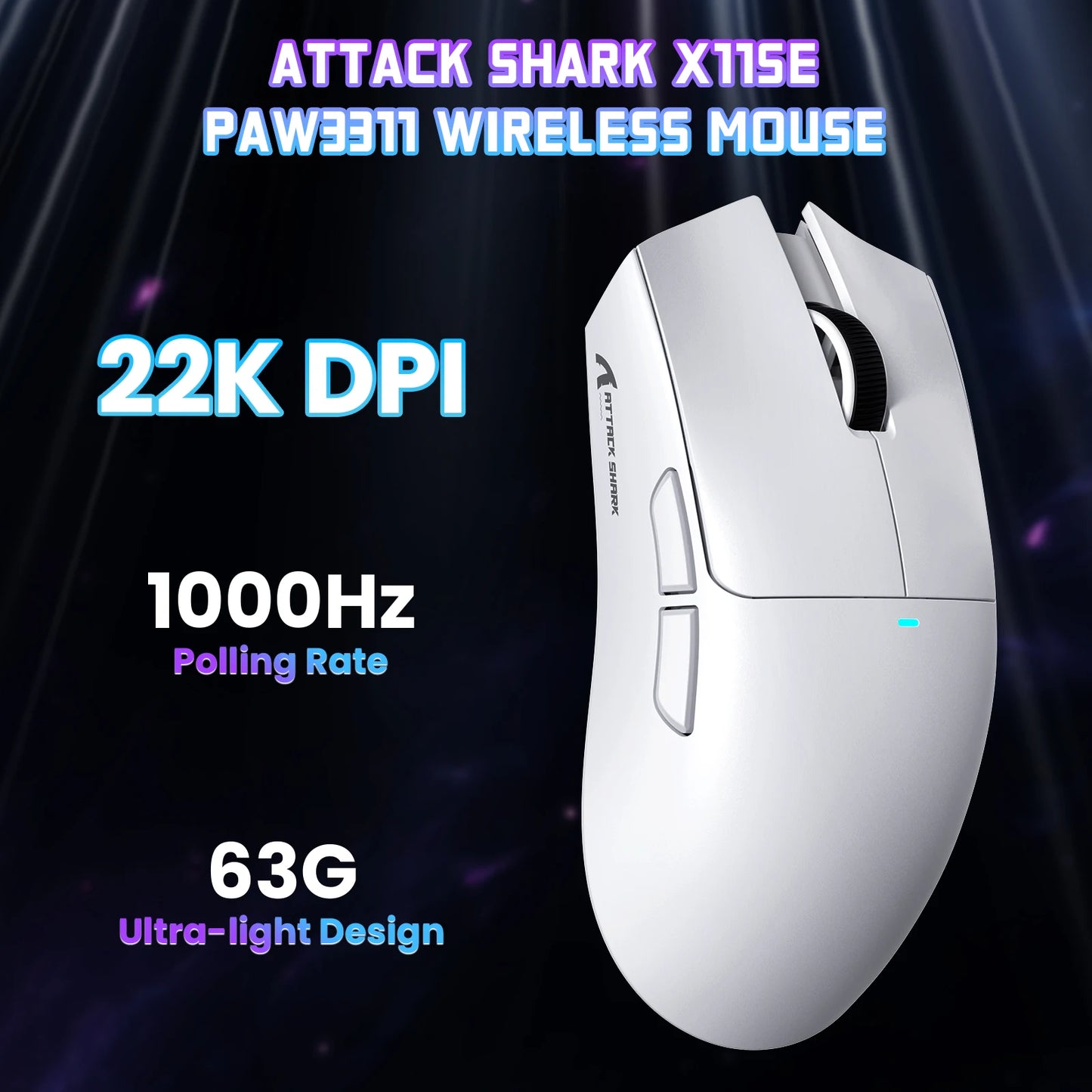 ATTACK SHARK X11SE trådløs gamingmus, tri-mode, 63g superlet med PAW3311-sensor, 22000 DPI, 300mAh batteri, dobbelt driver