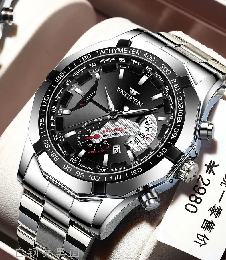 Orologio da polso al quarzo di lusso BINBOND da uomo, luminescente, impermeabile, con datario automatico, in acciaio inossidabile