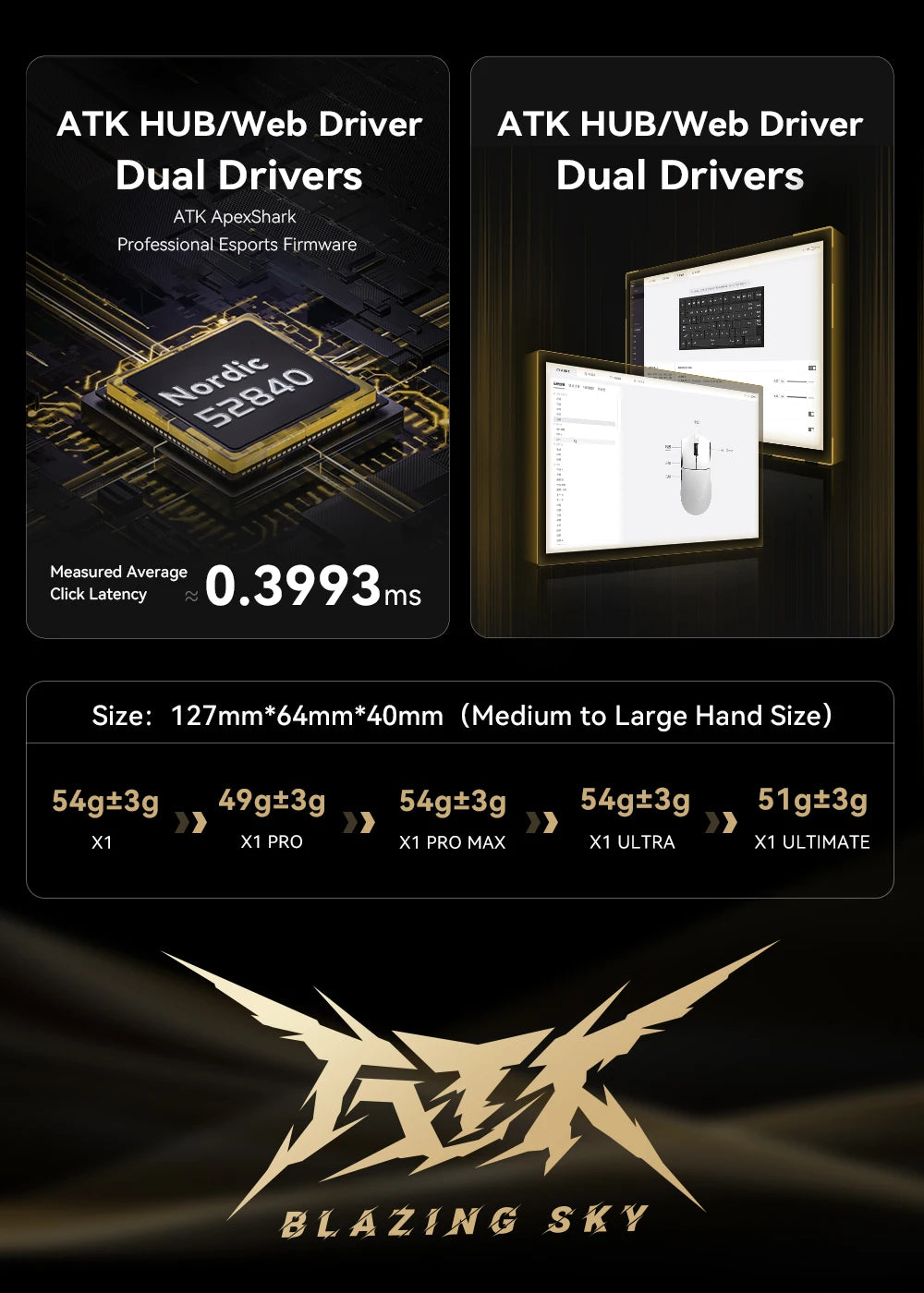 ATK X1 Series vezeték nélküli Bluetooth egér Paw3950/Ultra 8k, könnyű, 49g, hárommódú FPS gamer egér, egyedi ajándék