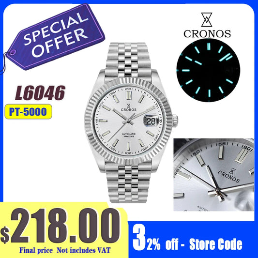 Cronos DateJ Luxury Men Watch Stainless Steel 5 Links Bracelet PT5000 Miyota 9015 100m Water Resistant Sapphire L6046M