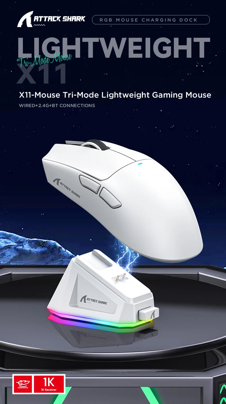 Mysz gamingowa ATTACK SHARK X11 Tri-Mode Lightweight z PAW3311, 22000DPI, 400IPS, 40G, 59g, szybkim ładowaniem magnetycznym i podświetleniem RGB
