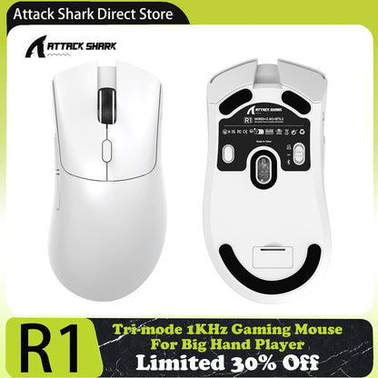 ATTACK SHARK R1 tri-mode gamingmus, PixArt PAW3311-sensor, 18000 DPI, 1000hz, 59g ultralet til store hænder, til PC/Mac