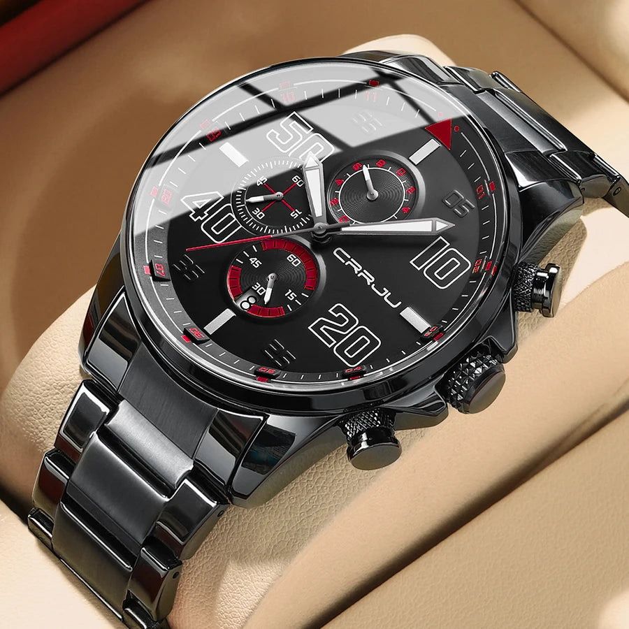 CRRJU men’s watch – Luxury chronograph, large dial, stainless steel, water-resistant, with date display
