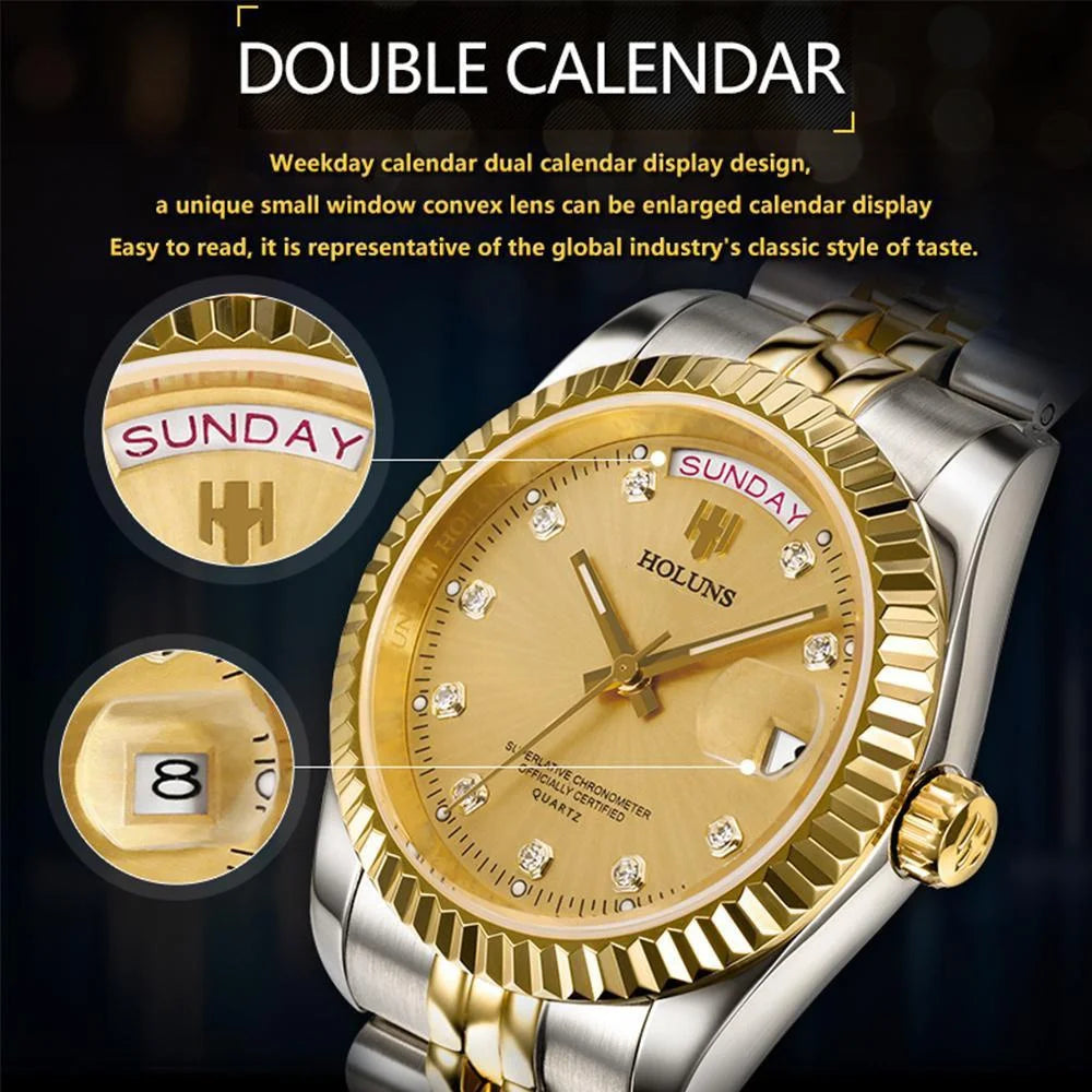 Holuns Luxury Classic 36/41 mm-es arany férfi karóra, japán MIYOTA kvarc szerkezet, rozsdamentes acél, klasszikus üzleti karóra, vízálló