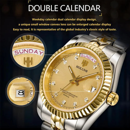 Holuns Luxury Classic 36/41 mm-es arany férfi karóra, japán MIYOTA kvarc szerkezet, rozsdamentes acél, klasszikus üzleti karóra, vízálló