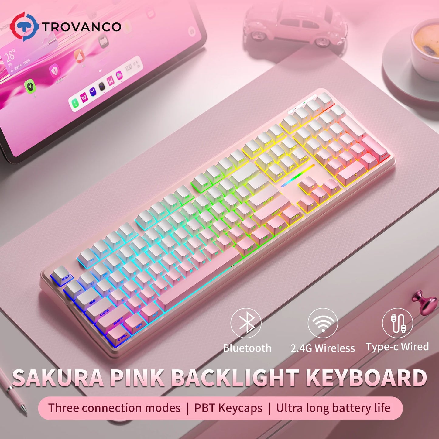 V108 Pro Bluetooth Keyboard  Office Low Noise 2.4G Wired&Wireless Full Layout with RGB Backlit Membrane