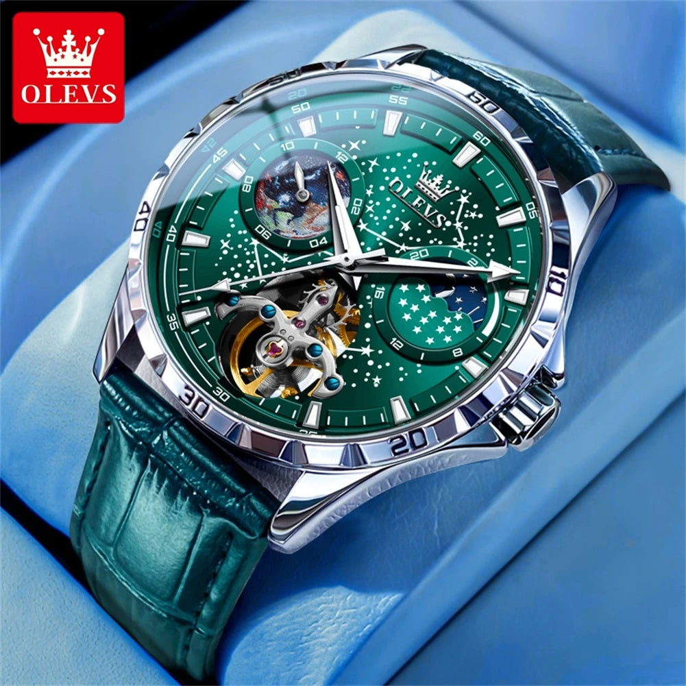 OLEVS Men’s Flywheel Skeleton Automatic Watch Starry Sky Dial, Luminous Mechanical Movement & Waterproof Business Wristwatch