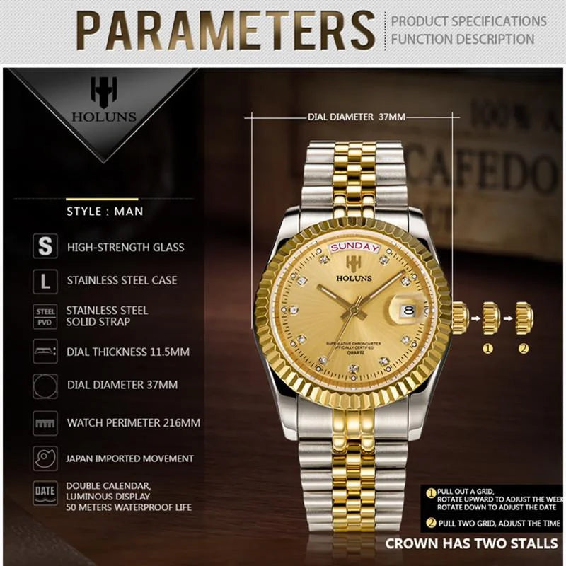 Holuns Luxury Classic 36/41 mm-es arany férfi karóra, japán MIYOTA kvarc szerkezet, rozsdamentes acél, klasszikus üzleti karóra, vízálló