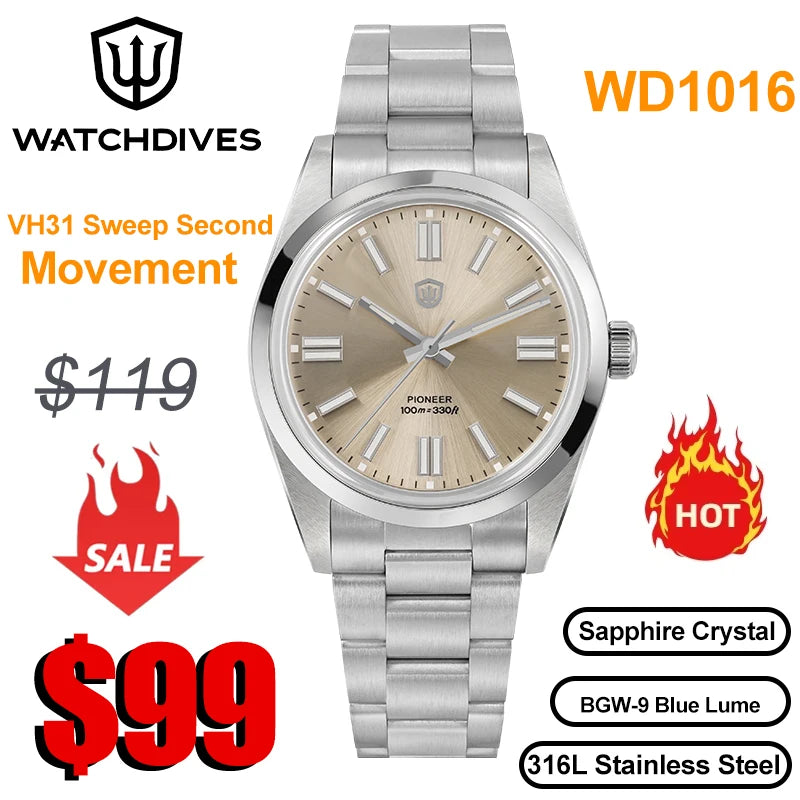 Watchdives WD1016 V3 kvarc karóra, 37 mm-es rozsdamentes acél tok, zafírüveg, vintage stílusú karóra, VH31 Sweep mozgás, 100 m vízálló férfi karóra