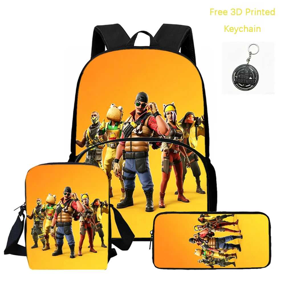 FORTNITE 3Pcs Lightweight Backpack With Front Pocket,Crossbody Bag&Pencil Case For Age 5-9 Boys Girls,Free 3D Printed Keychain.