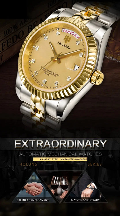 Holuns Luxury Classic 36/41 mm-es arany férfi karóra, japán MIYOTA kvarc szerkezet, rozsdamentes acél, klasszikus üzleti karóra, vízálló