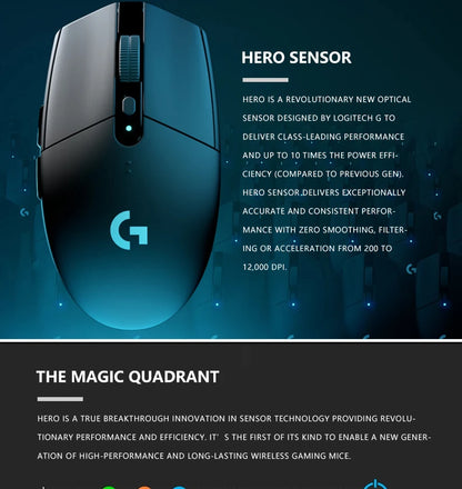 Logitech G305 wireless mouse, 12000 DPI, HERO sensor, 9-month battery life, sensitive hotkeys, suitable for casual gamers.