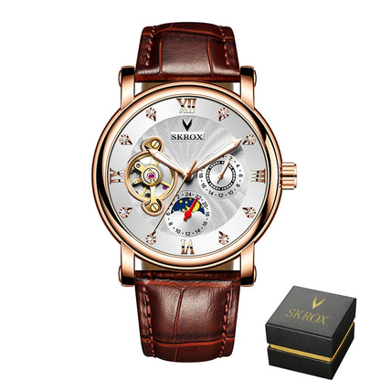 Relógio mecânico automático de luxo para homem, de uma grande marca, equipado com um turbilhão, uma fase lunar e diamantes – um elegante relógio de pulso.
