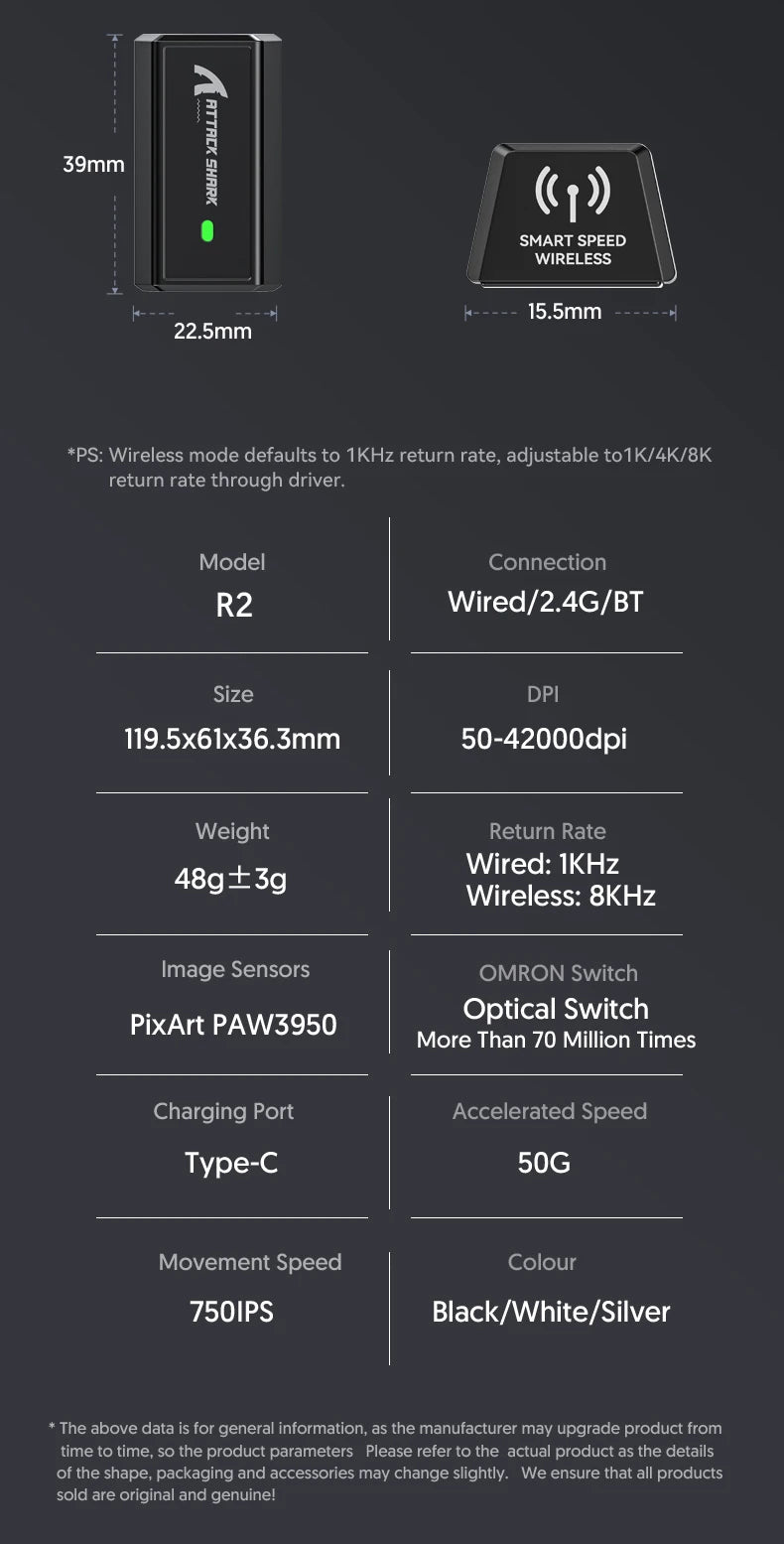 Attack Shark R2 Ασύρματο Gaming Mouse PAW3950 8K από ελαφρύ κράμα μαγνησίου, Bluetooth Tri-Mode για gaming/γραφείο