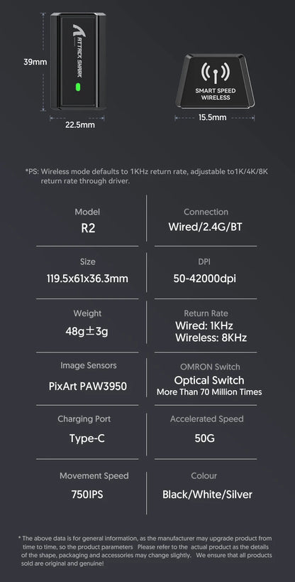 Attack Shark R2 Ασύρματο Gaming Mouse PAW3950 8K από ελαφρύ κράμα μαγνησίου, Bluetooth Tri-Mode για gaming/γραφείο