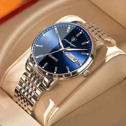 Relógio de pulso masculino POEDAGAR Business Quartz, aço inoxidável, resistente à água, data iluminada, relógio de pulso de luxo casual para homem