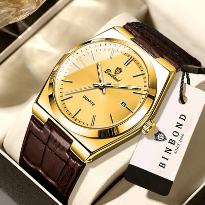 Orologio da polso al quarzo di lusso BINBOND da uomo – Impermeabile, luminescente, con data automatica – Stile professionale, sportivo, alla moda e casual – Cinturino in pelle