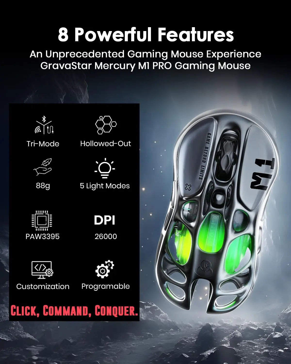 GravaStar Mercury M1 Pro belaidė žaidimų pelė 26000DPI laidinė / 2.4GHz / Bluetooth GLOWSYNC RGB