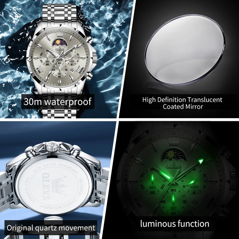 OLEVS 3653 Men’s Quartz Chronograph Watch  Moon Phase, Luminous, Date Display, Stainless Steel & 30M Waterproof