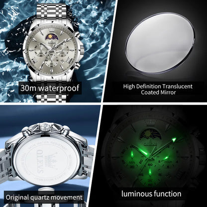 OLEVS 3653 Men’s Quartz Chronograph Watch  Moon Phase, Luminous, Date Display, Stainless Steel & 30M Waterproof