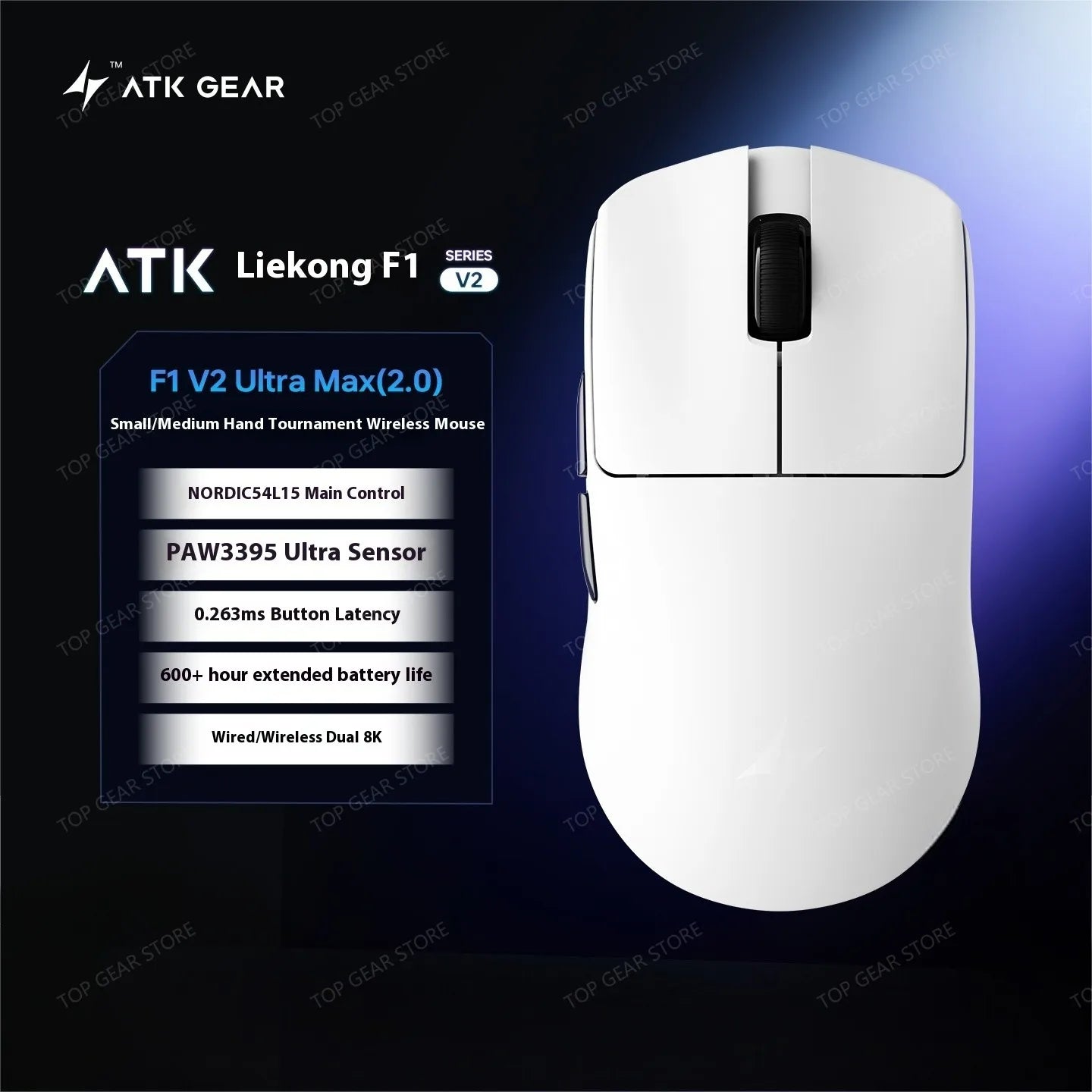 ATK F1 V2 Ultra MAX žaidimų pelė, belaidė, trijų režimų, PAW3950, dviguba 8k, lengva, ergonomiška e. sporto pelė, individualizuojamas PC priedas