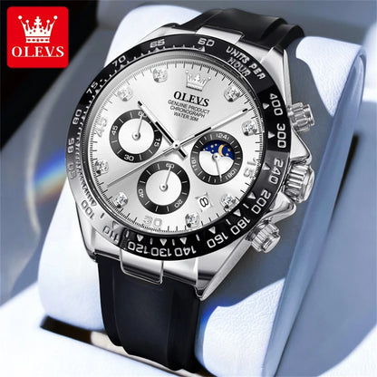 Montre à quartz pour homme OLEVS 2875 – Chronographe de marque de luxe, bracelet en silicone, date automatique, étanche, phase de lune, style sportif